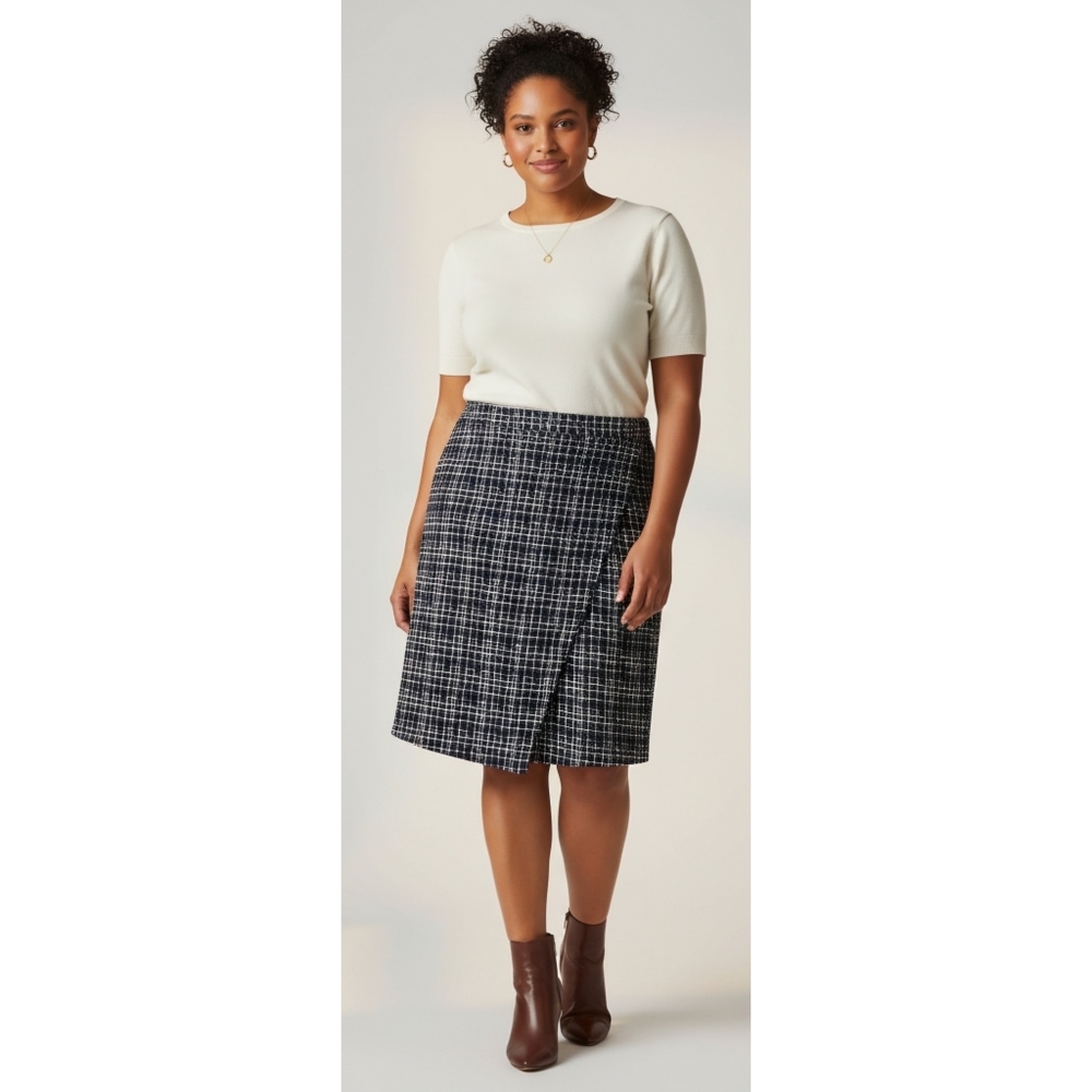 Skies Are Blue Plus Size  Navy Blue White Faux Wrap Tweed Textured Pencil Skirt